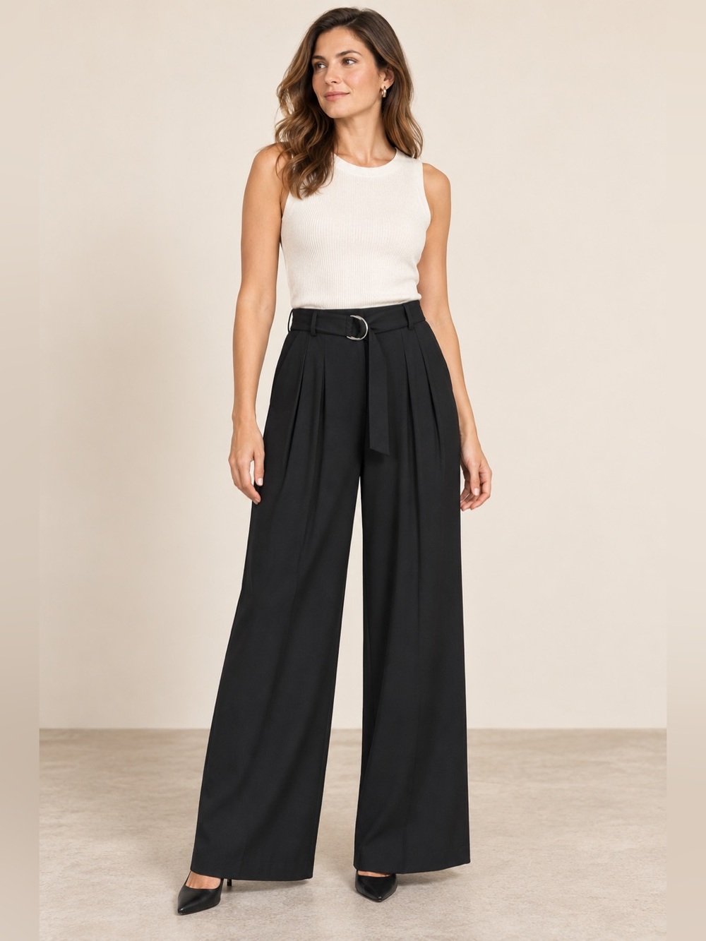 Ann Taylor Black Wide-Leg Pleated Belted Trousers size 6